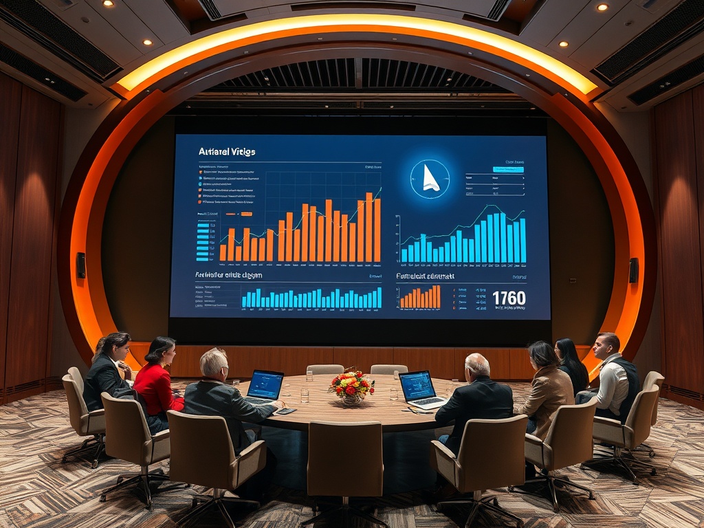 Группа людей обсуждает данные в конференц-зале, на экране графики и цифры.