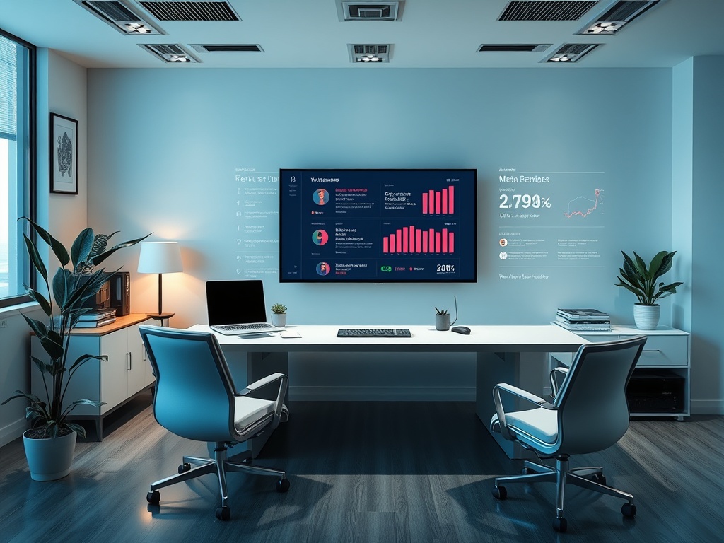 Современный офис с монитором, отображающим графики и данные, с удобной мебелью и зелеными растениями.