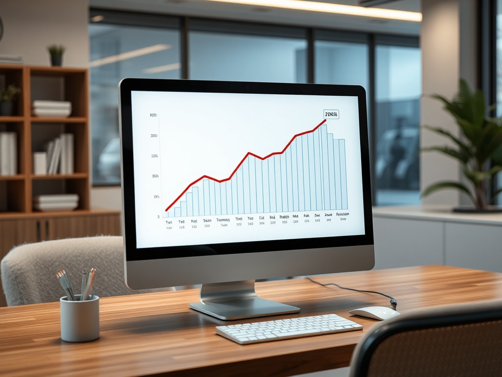 График на мониторе показывает рост показателей на протяжении месяца. Офисная обстановка, стол и стул.