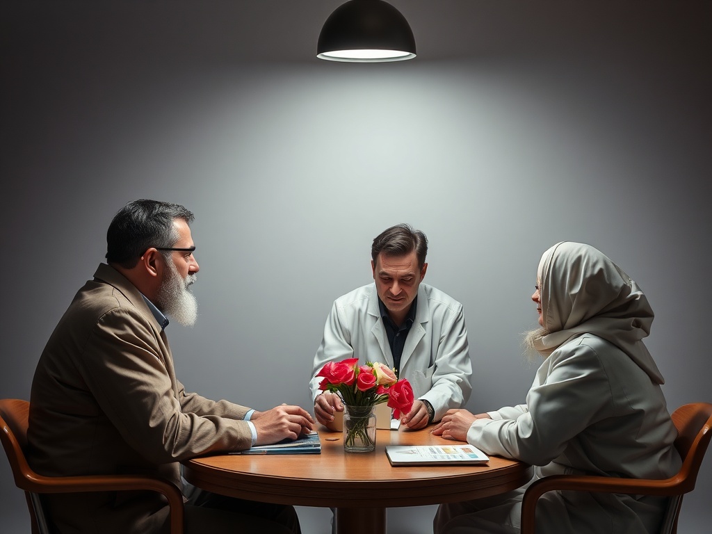 На изображении врачи обсуждают лечение за столом с цветами. Они сосредоточены и внимательно слушают друг друга.