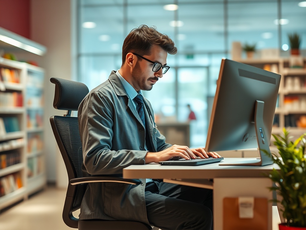 Мужчина в очках работает за компьютером в библиотеке, окруженный книгами и растениями.