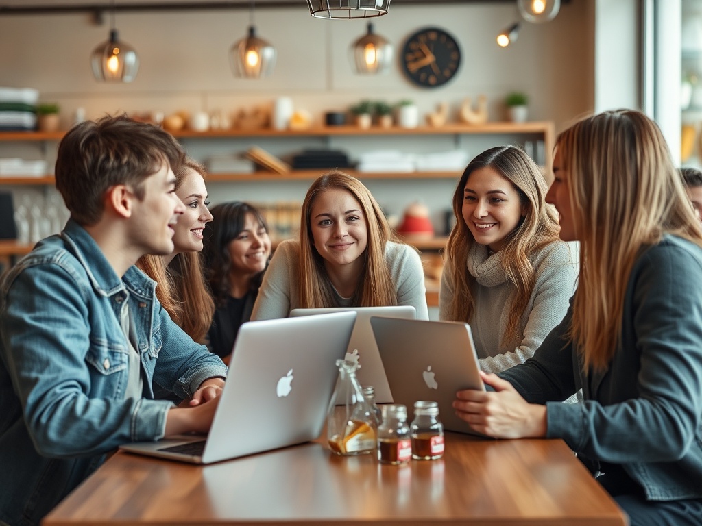 Группа молодых людей обсуждают идеи за столом в кафе, используя ноутбуки и планшеты. Stimmung - дружелюбная.