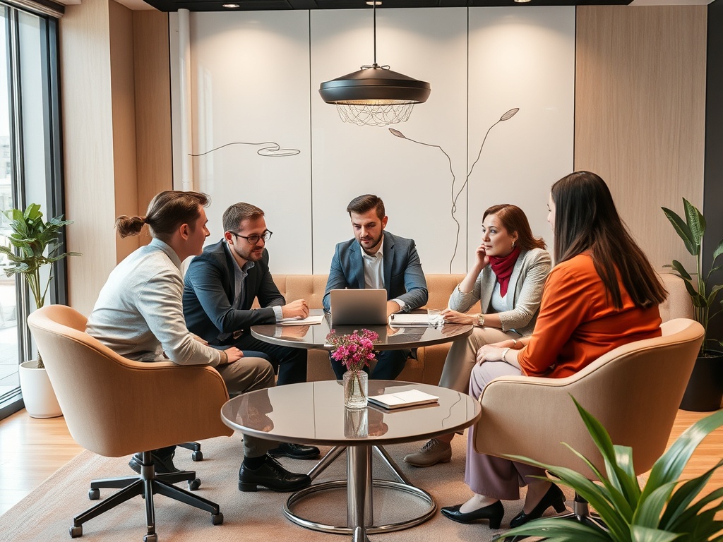 Группа людей обсуждает идеи за круглым столом в современном офисе, окружённом растениями.
