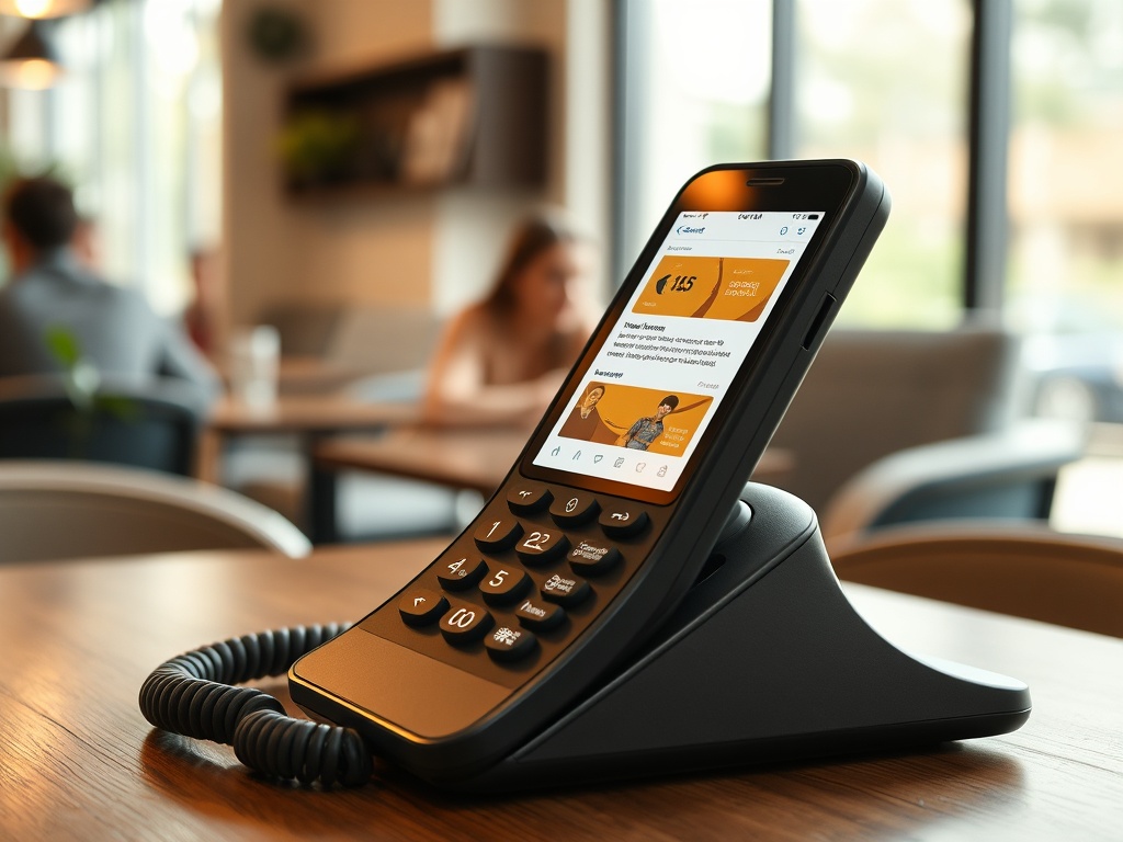 На столе в кафе стоит телефон с ярким экраном и набором кнопок. В фоне видно отдыхающих людей.