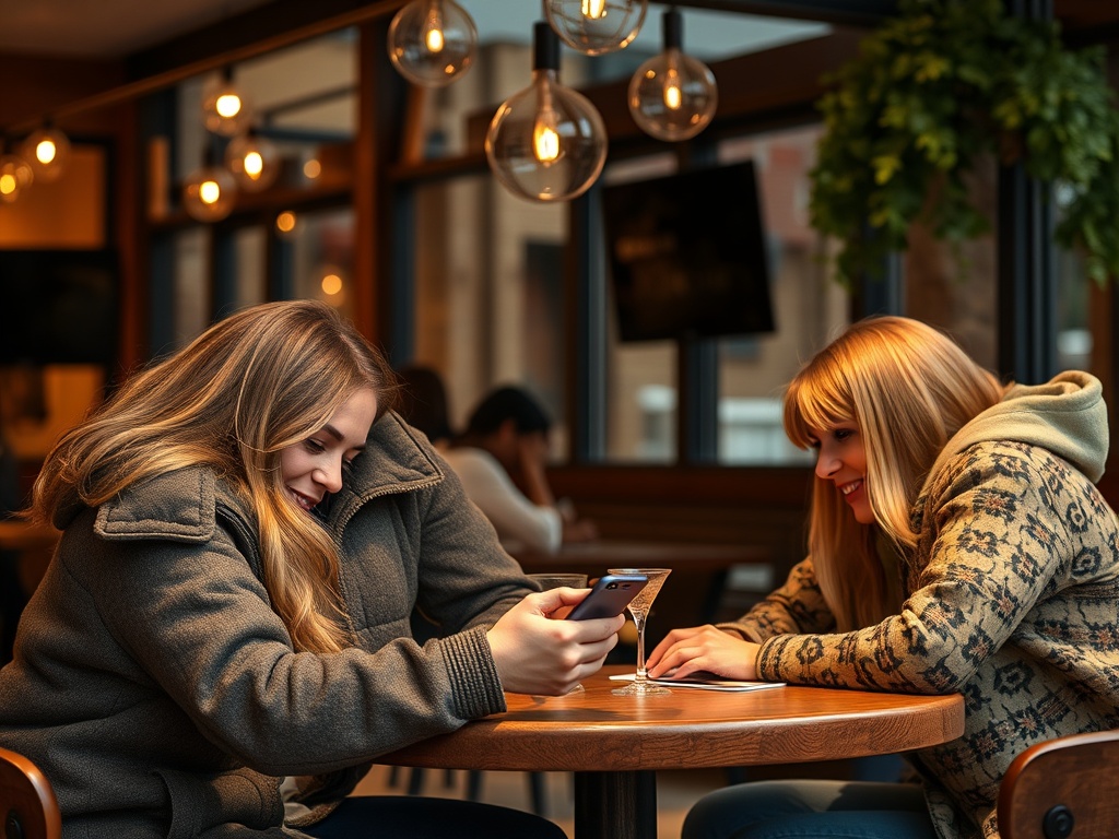 Две девушки сидят в кафе, улыбаются и смотрят на телефон одной из них, на столе стоит коктейль.