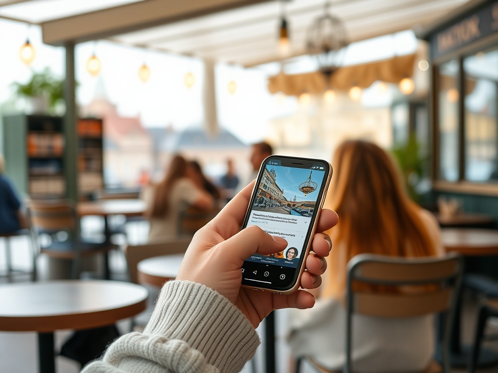 Человек держит смартфон в кафе, на экране информация о достопримечательностях города. На заднем плане люди.