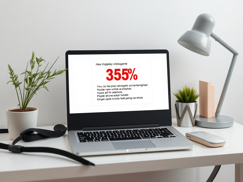 На ноутбуке открыто сообщение о новой игре с показателем 355% и инструкциями к ней. На столе светильник и растения.