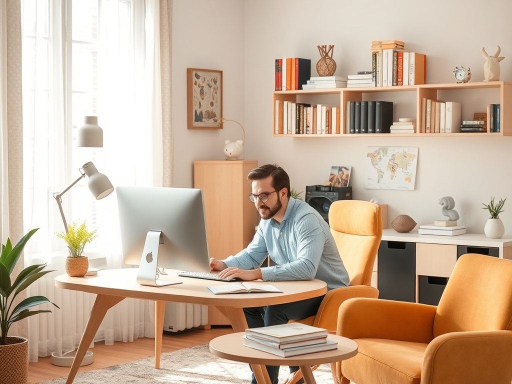 Мужчина работает за столом в уютном офисе с библиотекой и яркими стульями. Светлое пространство с растениями.