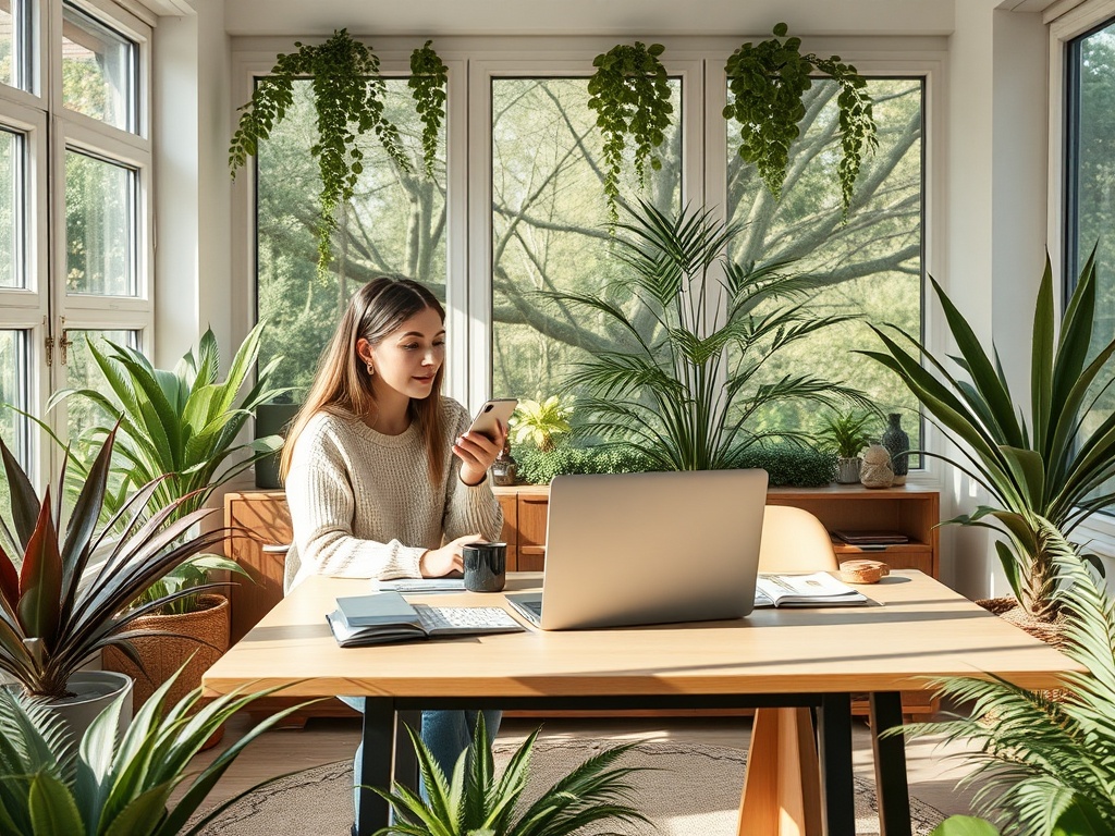 Молодая женщина в свитере сидит за столом, смотрит в телефон, окруженная растениями в светлом офисе.