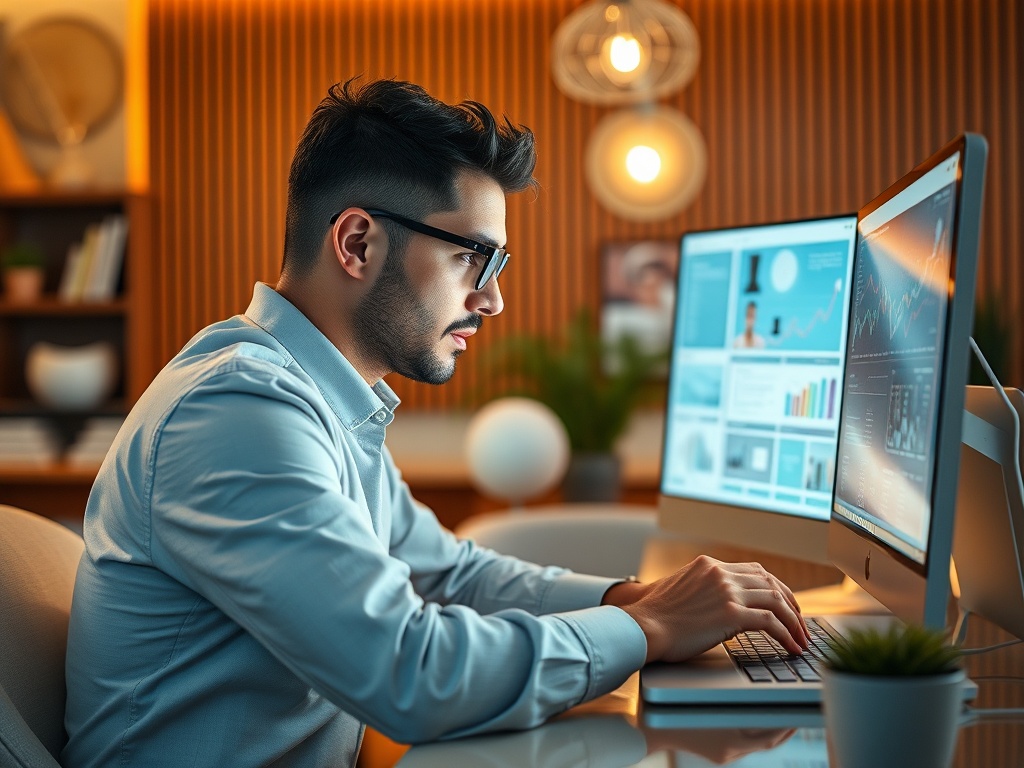 Молодой человек в очках работает за компьютером, анализируя данные на экранах в современном офисе.
