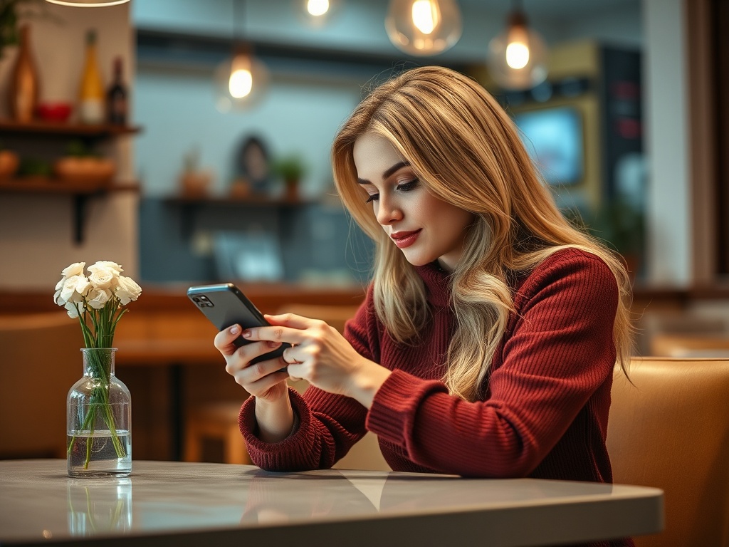 Молодая женщина с длинными светлыми волосами сидит за столом и смотрит на телефон, рядом цветы в вазе.