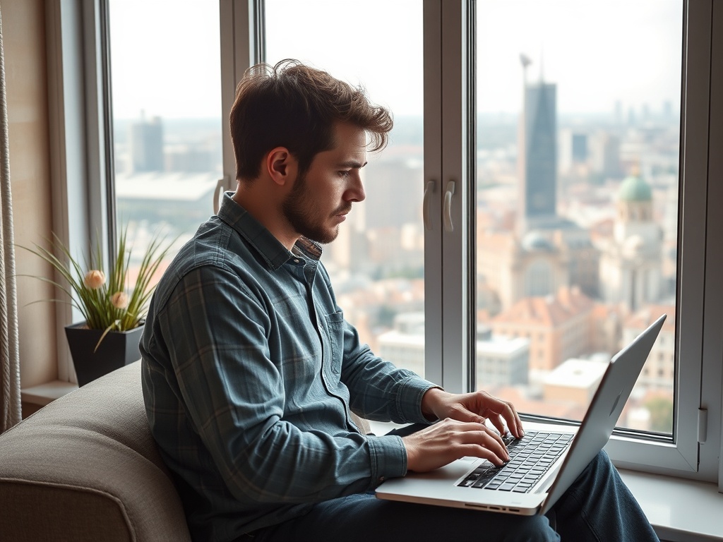 Молодой человек работает за ноутбуком у окна с видом на городские высотки.