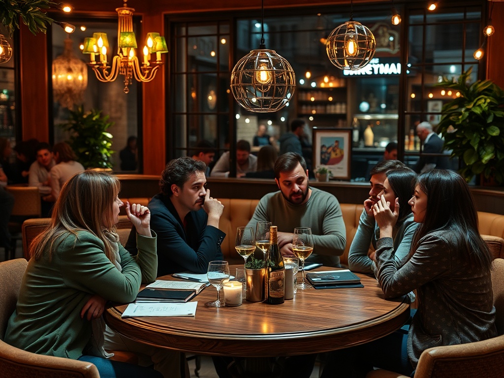Пятеро людей обсуждают что-то за круглым столом в уютном ресторане с нижним светом и свечами.