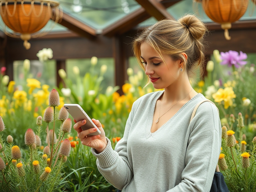 Девушка с телефонном в руках стоит среди цветущих растений в теплице, наслаждаясь природой.