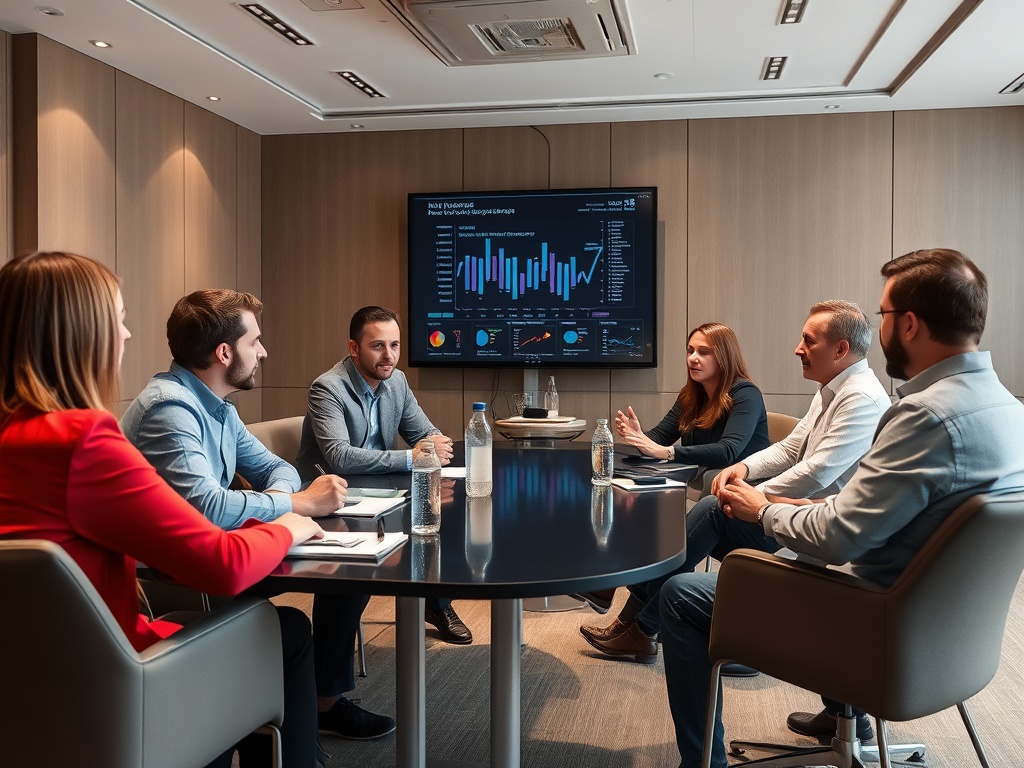 На встрече обсуждаются графики и данные. Шесть человек сидят за столом, экран показывает презентацию.