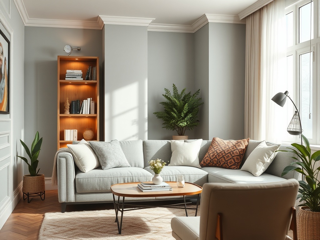 Светлая гостиная с уютным диваном, книжной полкой и зелеными растениями в современном интерьере.