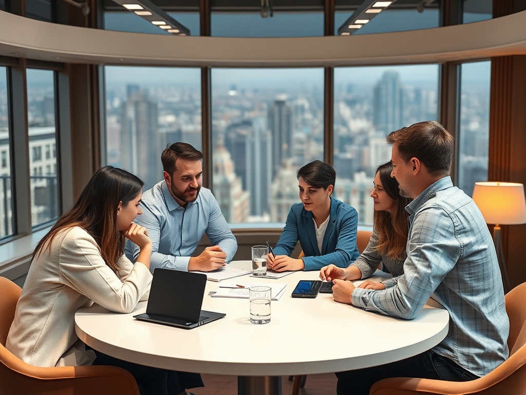 Группа людей на деловой встрече в офисе, обсуждают идеи, вид на город через окна.