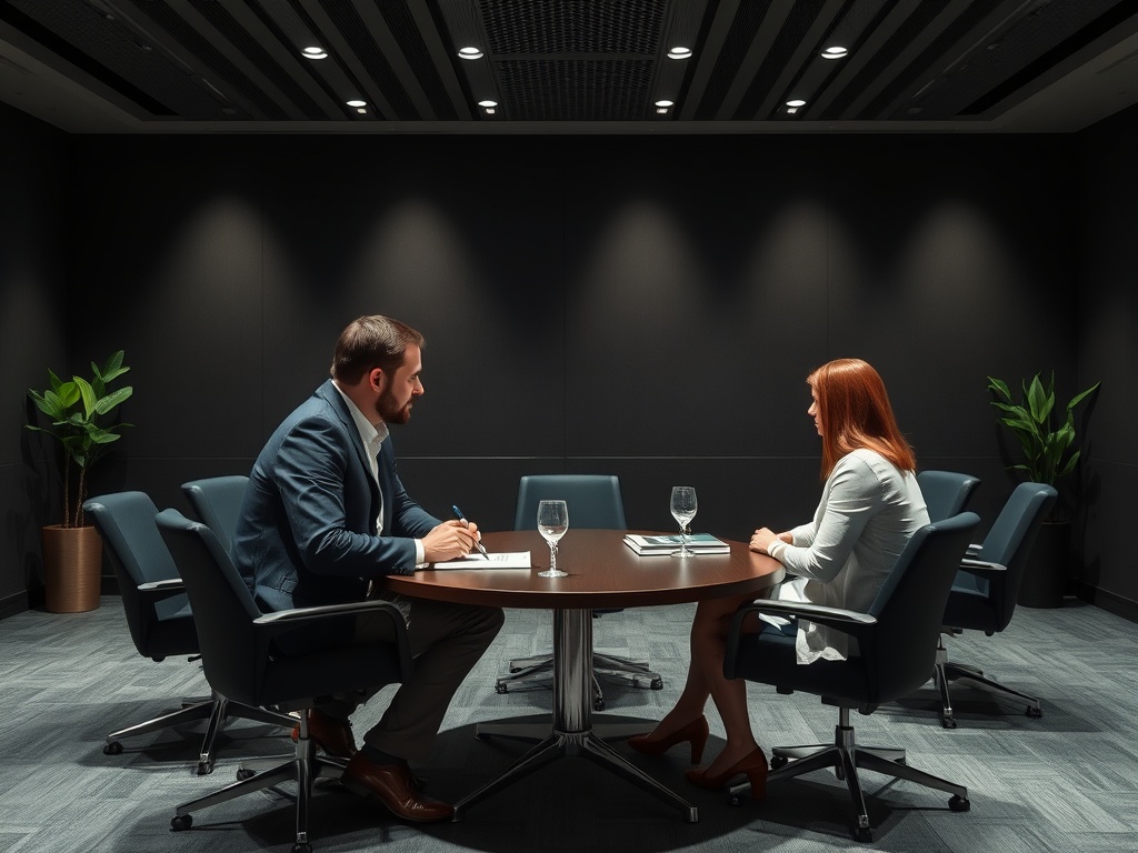 Два человека в деловом костюме сидят за круглым столом на встрече в офисе. Вокруг elegante кресла.