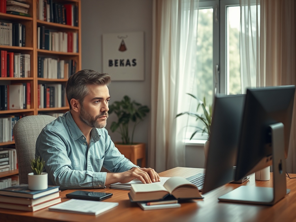 Мужчина в синей рубашке работает за столом с компьютером и книгами в уютном офисе. Солнечный свет проникает в комнату.