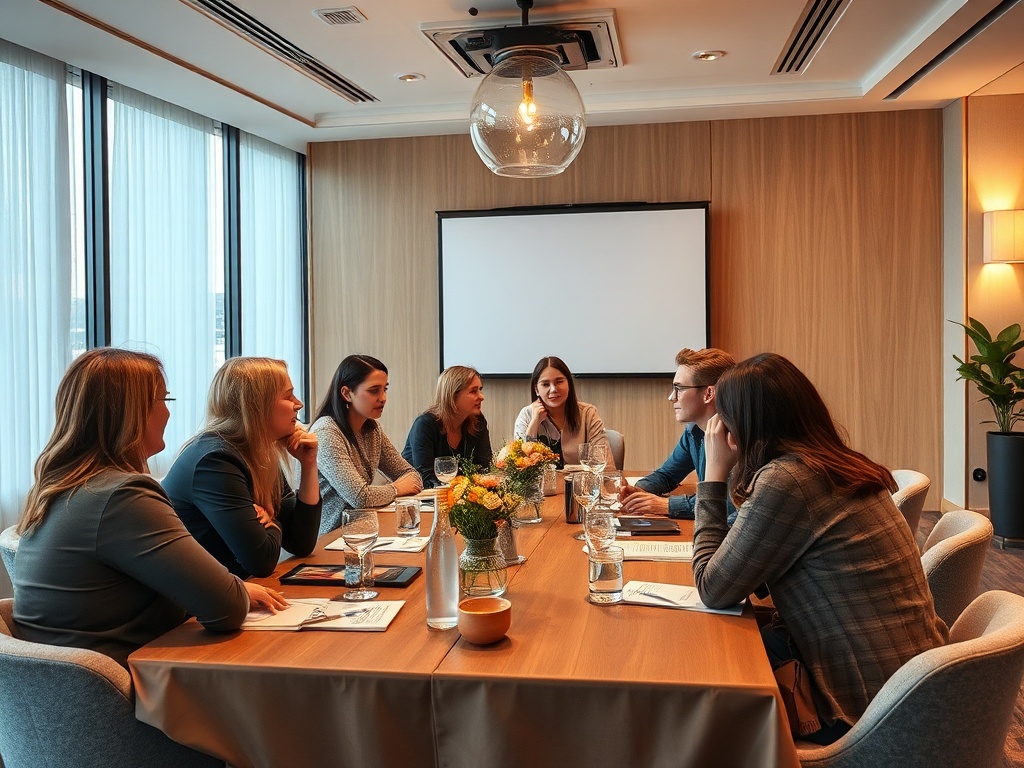 На встрече сидят семь человек, обсуждая что-то за столом в уютном конференц-зале.